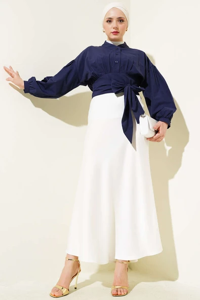 Yarım Düğmeli Bağlamalı Kısa Gömlek Lacivert - Resim 2