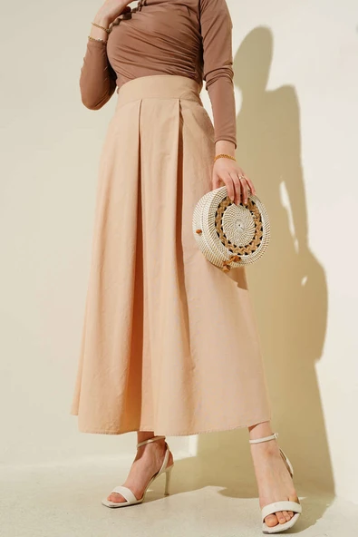 Geniş Pileli Cepli Etek Camel