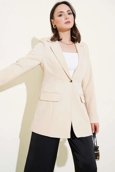Cep Kapaklı Tek Düğmeli Blazer Ceket Bej ürün görseli 1