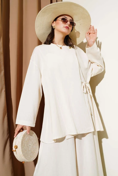 Yanı İp Bağcıklı Salaş İkili Takım Bej - Resim 2