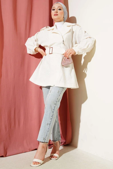 Bel Lastikli Kendinden Kemerli Ceket Krem - Resim 2