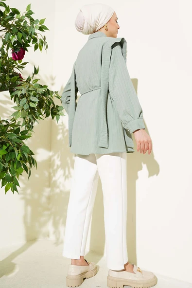 Taş Düğmeli Omuz Pileli Gömlek Mint - Resim 3