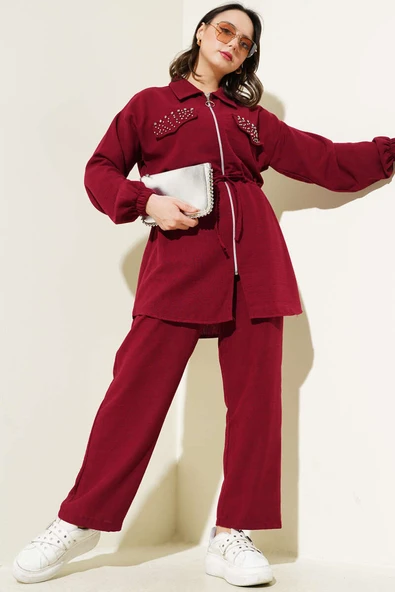 Taşlı Çift Cep Kapaklı İkili Takım Bordo ürün görseli 1