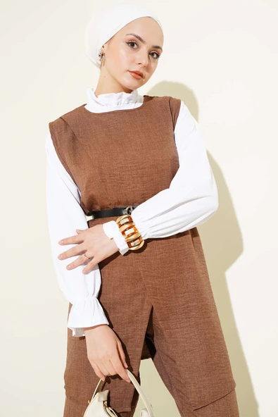 Düğme Detaylı Kemerli Üçlü Takım Kahve - Resim 2