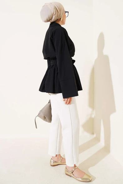 Kuşak Büzgülü Yarım Düğmeli Tunik Siyah - Resim 3