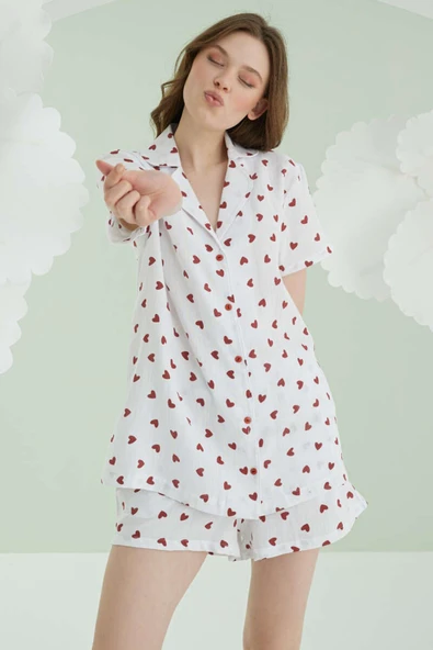 NBB Kalpli Düğmeli Şort Keten Pijama Takım Ekru ürün görseli 1