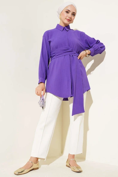 Kendinden Bel Kuşaklı Gömlek Menekşe - Resim 2