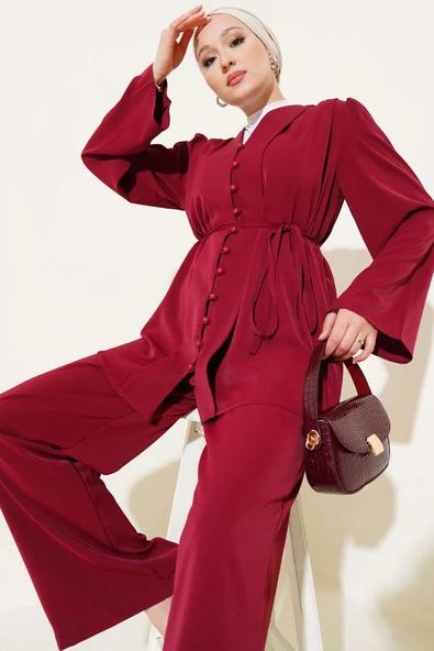 Brit Düğmeli İp Kuşaklı Tunik İkili Takım Bordo - Resim 2