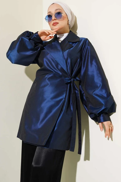 Yan Bağlamalı Parlak Tafta Ceket Lacivert ürün görseli 1