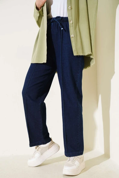 Bel Lastikli Çımalı Kot Pantolon Lacivert - Resim 2