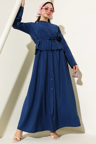 Düğmeli Kuşaklı Jile İkili Takım Lacivert ürün görseli 1