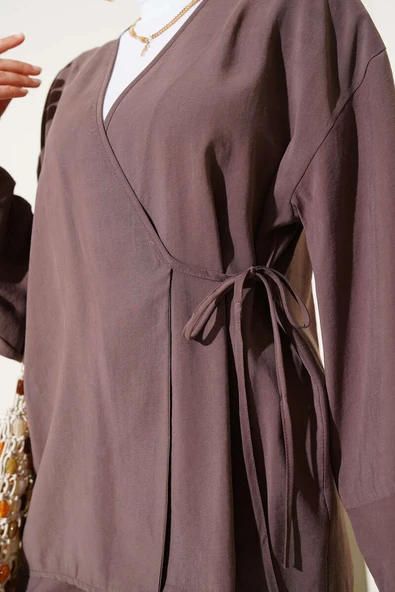 Yandan İp Bağcıklı Kimono İkili Takım Vizon - Resim 4