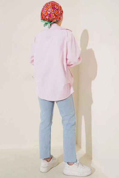 V Yaka Cepli Tunik Pembe - Resim 3