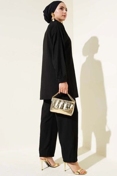 Gold Düğmeli İp Detaylı İkili Takım Siyah - Resim 3