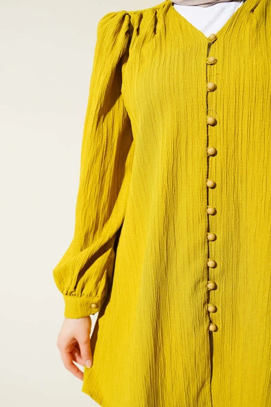 Brit Düğmeli Krinkıl Gömlek Yağ Yeşili - Resim 4