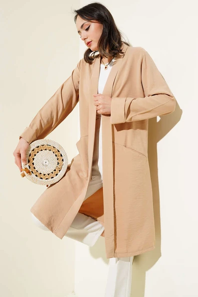 Önü Açık Cepli Hırka Latte - Resim 2