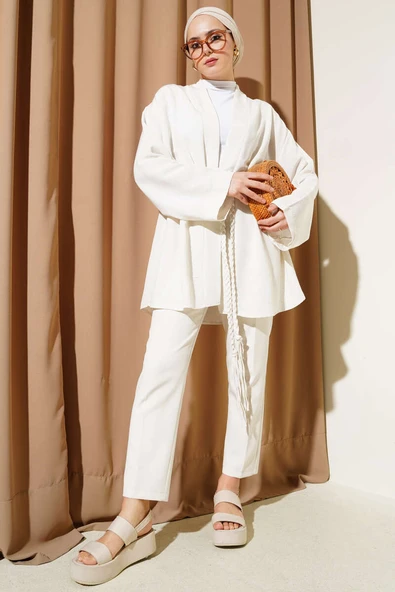 Örgü Kemerli Kimono Ekru - Resim 2