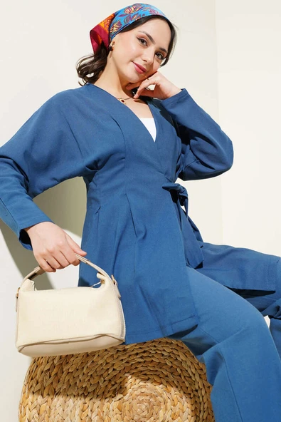 Pensli Bağlamalı Keten İkili Takım İndigo - Resim 2