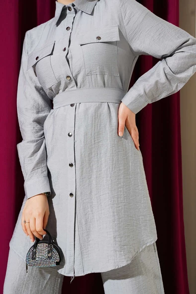 Çift Göğüs Cepli Kuşaklı İkili Takım Gri - Resim 4