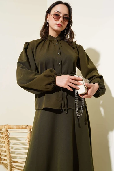 İp Kuşaklı Düğmeli Etekli İkili Takım Haki - Resim 2