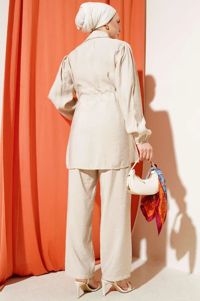 Parça Detaylı Bel Tünelli İkili Takım Bej - Resim 3