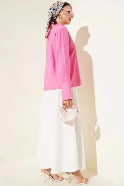 Önü Bağcık Detaylı Bluz Pembe - Resim 3