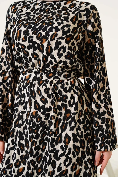 Leopar Desen Bel Lastikli Volanlı Bürümcük Elbise Leopar - Resim 4