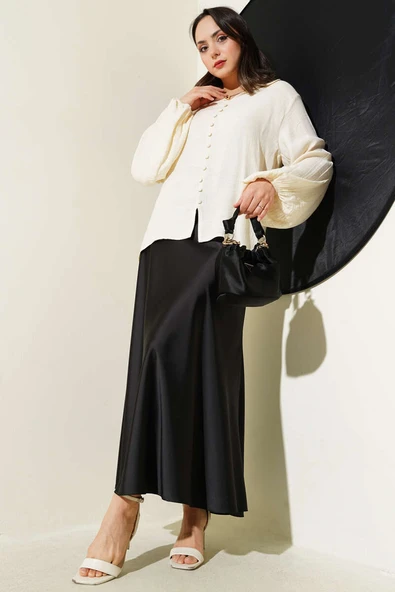 Bebe Yaka Düğme Detaylı Gofre Bluz Ekru - Resim 2