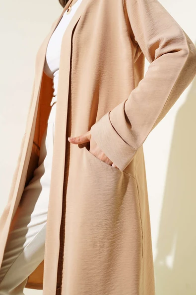 Önü Açık Cepli Hırka Latte - Resim 4