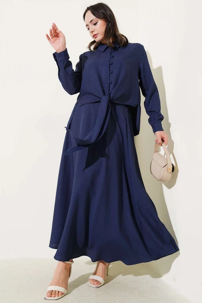 Önü Düğmeli Keten Etekli Takım Lacivert ürün görseli 1