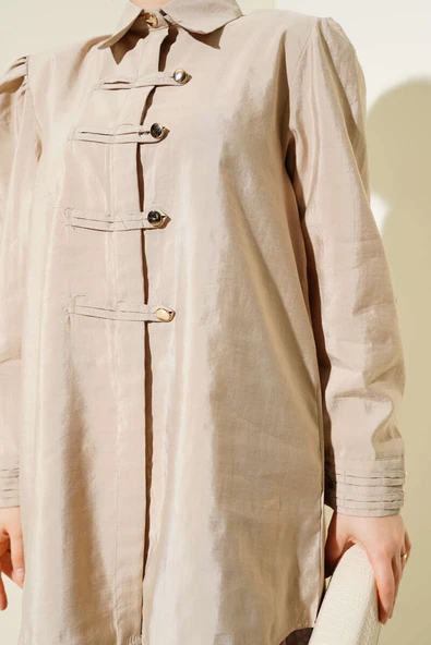Gold Düğmeli İp Kuşaklı Gömlek Bej - Resim 4