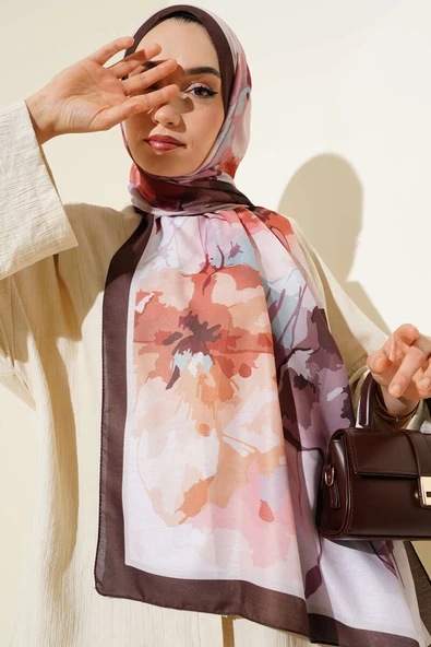 Ebruli Çiçek Desen Soft Şal Kestane ürün görseli 1