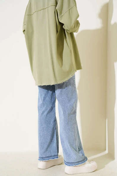 Kuşaklı Geniş Paça Kot Pantolon Açık Kar - Resim 3