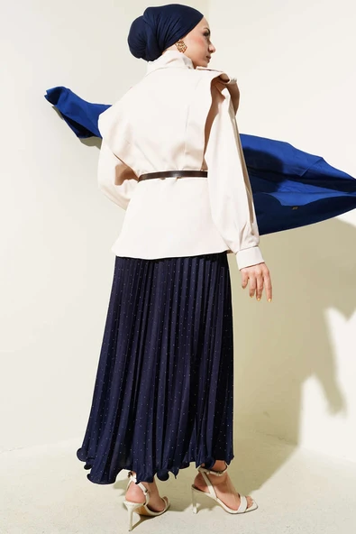 Kemerli Omuz Apoletli Ceket Bej - Resim 3