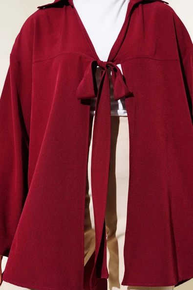Klasik Yaka Bağlamalı Kimono Bordo - Resim 4
