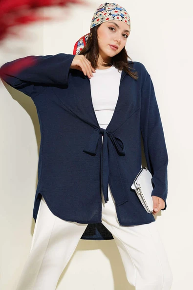 Önü Bağlama Detaylı Keten Kimono Lacivert