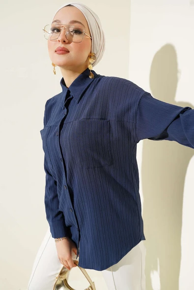 Kabartma Çizgili Göğüs Cepli Gömlek Lacivert ürün görseli 1