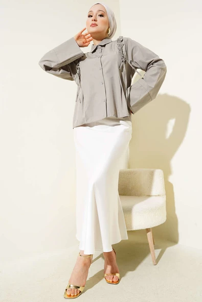 Omuz Fırfır Büzgülü Kısa Gömlek Taş - Resim 2