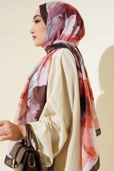 Ebruli Çiçek Desen Soft Şal Kestane - Resim 3