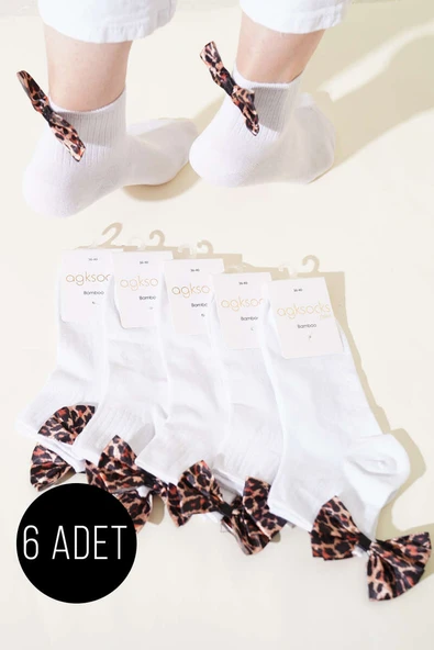 Bayan 6lı Leopar Kurdaleli Konç Çorap Beyaz ürün görseli 1