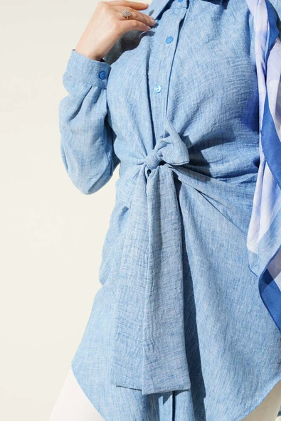 Kendinden Bel Kuşaklı Gömlek Mavi - Resim 4