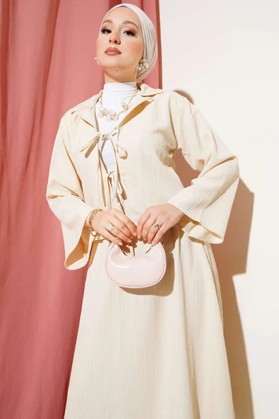 Kruvaze Yaka Ağaç Kabuğu Etekli Takım Bej - Resim 2