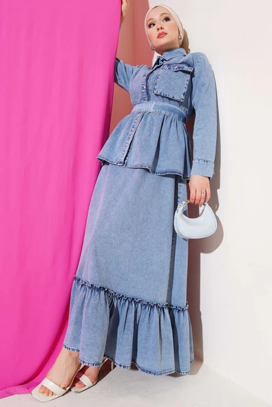 Tek Cepli Kuşaklı Kot Jile Takım Kot Mavisi ürün görseli 1