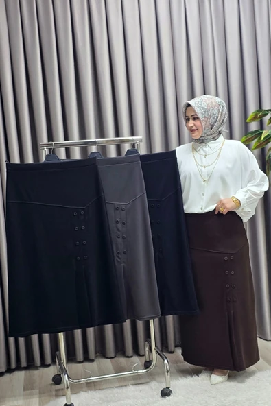 Kadın Giyim Büyük Beden Suna Düğmeli Etek - Resim 12