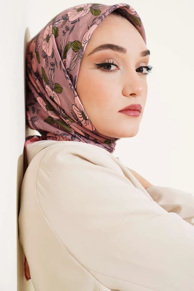 Çiçek Desenli Şeritli Eşarp Somon ürün görseli 1