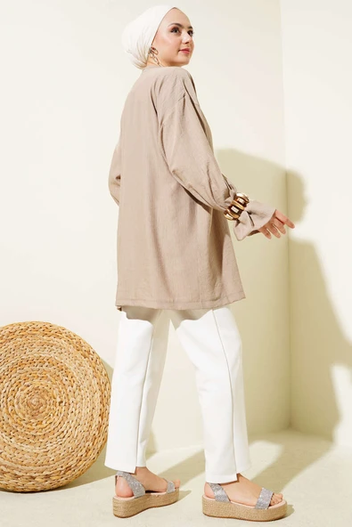 Yandan Çift İp Bağlamalı Kimono Latte - Resim 3