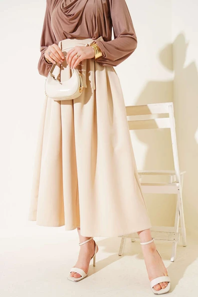 Pileli Kuşaklı Kloş Etek Bej ürün görseli 1