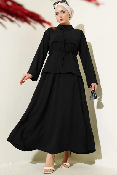 Parça Detaylı Kuşaklı Etekli Ayrobin Takım Siyah ürün görseli 1