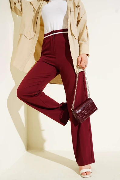 Bel Şeritli Düğmeli Palazzo Pantolon Bordo - Resim 2