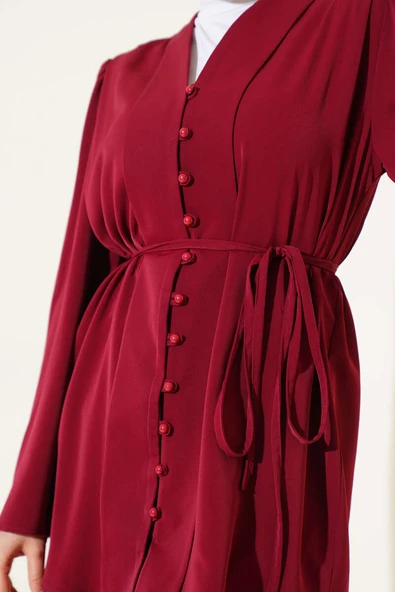 Brit Düğmeli İp Kuşaklı Tunik İkili Takım Bordo - Resim 4